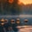 Ein See im Sonnenuntergang mit fünf Schwimmkerzen darauf.