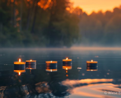Ein See im Sonnenuntergang mit fünf Schwimmkerzen darauf.