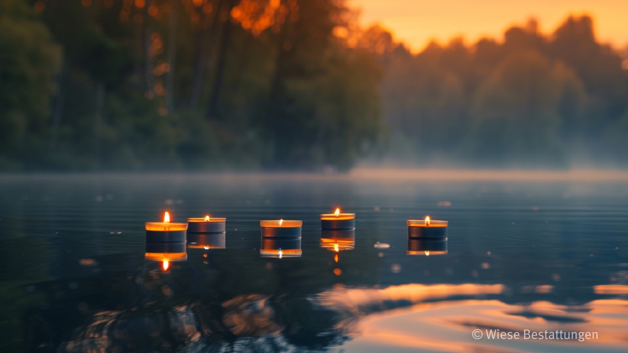 Ein See im Sonnenuntergang mit fünf Schwimmkerzen darauf.