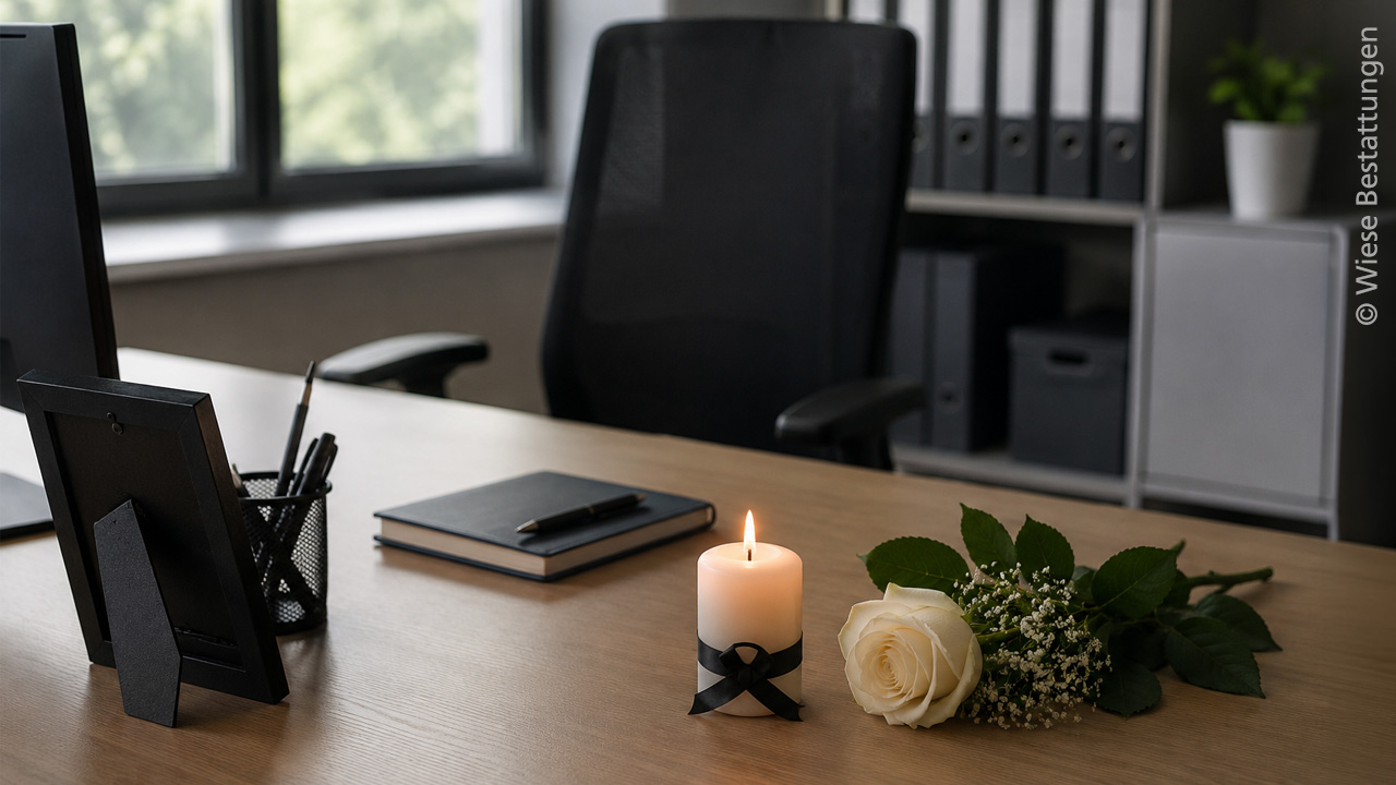 Leerer Schreibtisch mit Kerze und Blume Trauer am Arbeitsplatz: Wenn ein Kollege stirbt